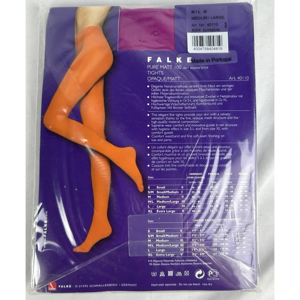NIP Falke Pure Matt Pink Opaque Tights Sz Medium/Large 100 Denier 8004 Turmaline